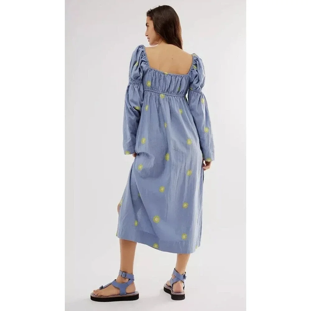 NWOT Free People Sun Embroidery Midi Dress Cottagecore L Blue Summer Linen Boho - Picture 2 of 16